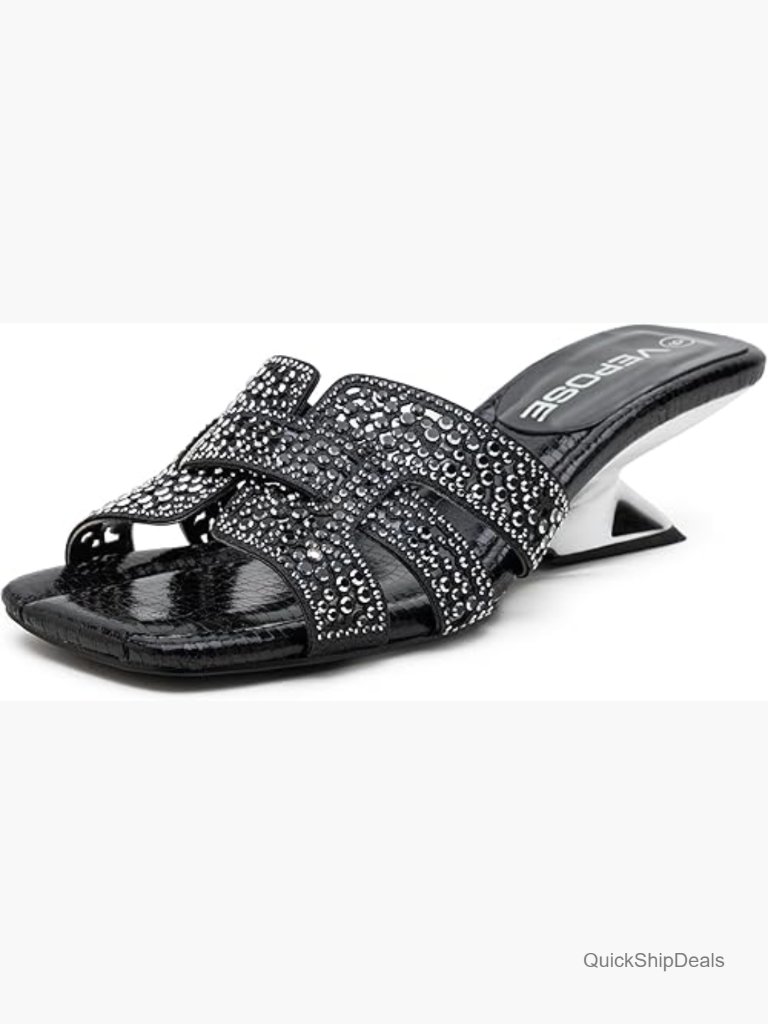 Low Chunky Heel Sandals Square Open Toe Slip-On Rhinestones Evening Party Shoes